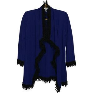 St John Collection P Cobalt Blue w Black Fringe Wool Blend Open Cardigan